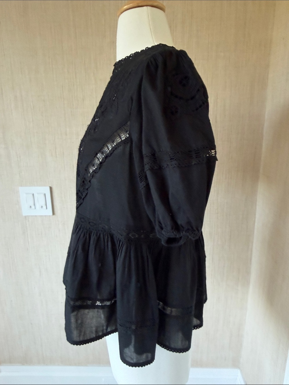 Zara Black Lace-Trim Peasant Blouse - Picture 3 of 12